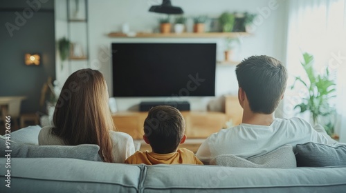 リビングでテレビを見る家族