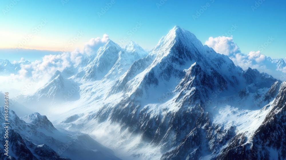 A majestic mountain range with snowcapped peaks under a clear blue sky A majestic mountain range with snowcapped peaks under a clear blue sky
