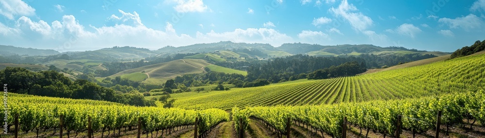 A picturesque vineyard with rolling hills and a bright blue sky A picturesque vineyard with rolling hills and a bright blue sky