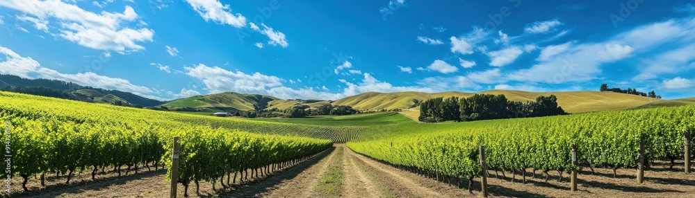 A picturesque vineyard with rolling hills and a bright blue sky A picturesque vineyard with rolling hills and a bright blue sky