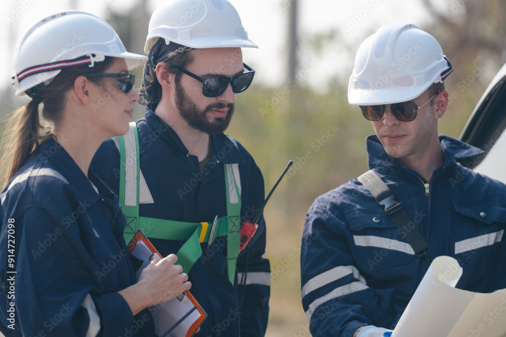 A team of engineers sitting in a van is inspecting the construction of a wind turbine and surrounding structures in a remote area to produce clean electricity. A team of engineers sitting in a van is inspecting the construction of a wind turbine and surrounding structures in a remote area to produce clean electricity.