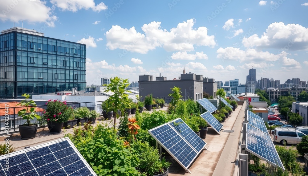 Fototapeta premium Green Roof with Solar Panels on a Building in a City.