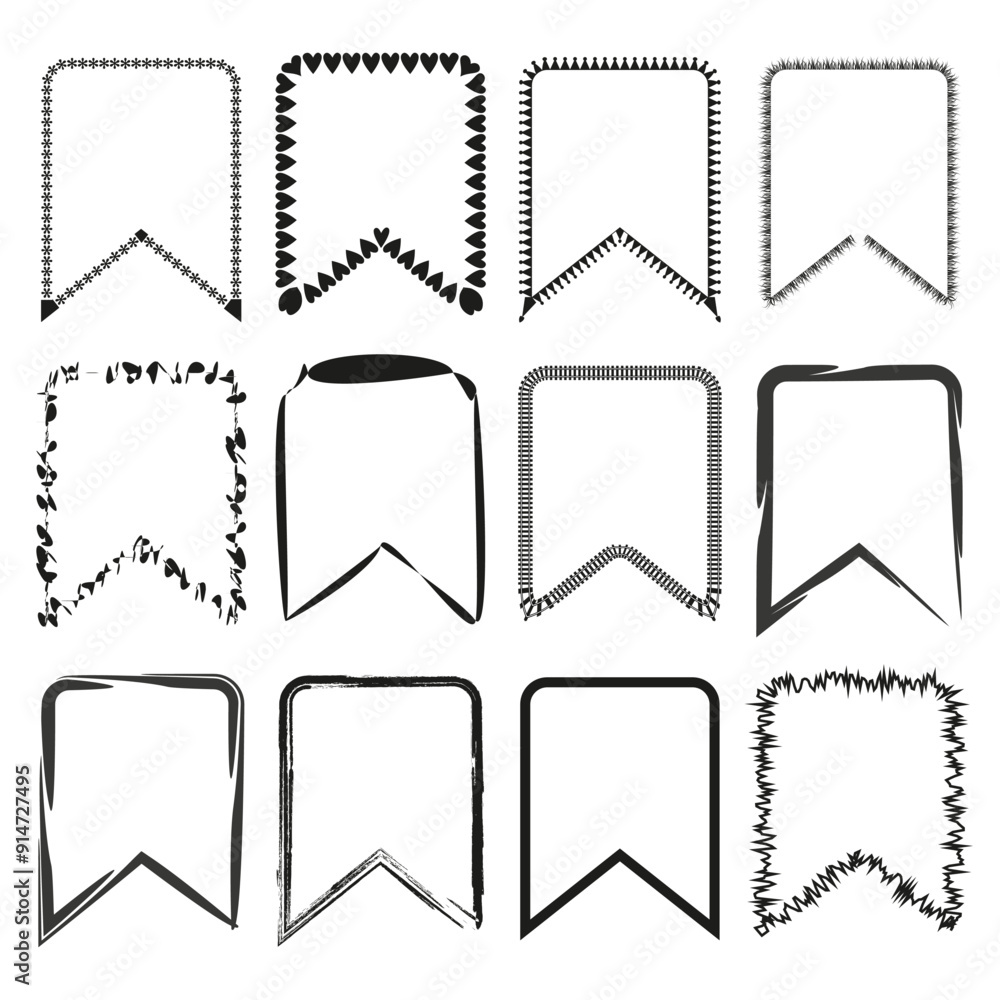 Decorative ribbon banner icons set. Collection of hand-drawn, artistic ribbon shapes with various patterns and textures. Vector illustration. Decorative ribbon banner icons set. Collection of hand-drawn, artistic ribbon shapes with various patterns and textures. Vector illustration.