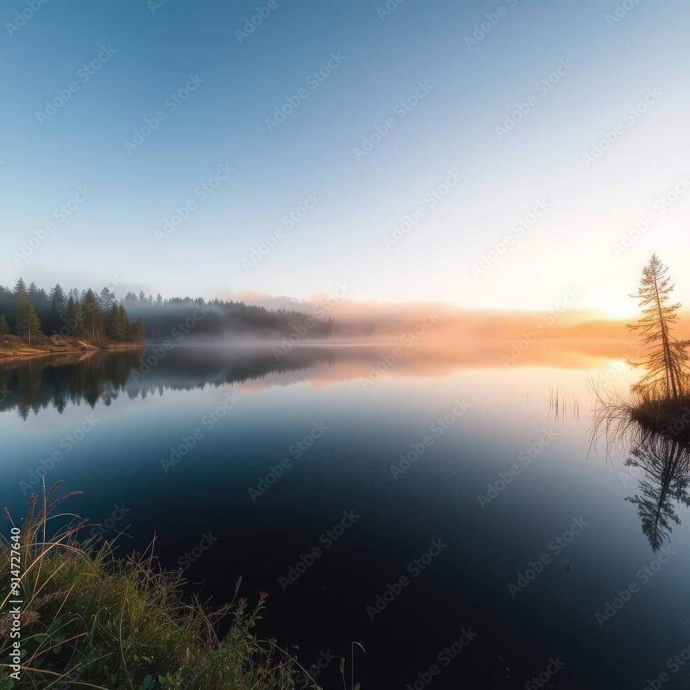 Fototapeta premium Misty Lake at Sunrise.
