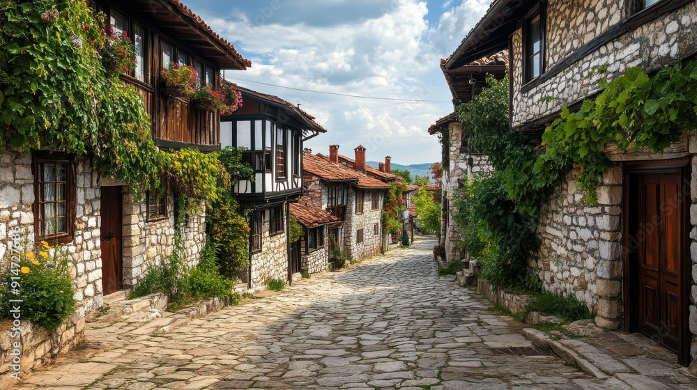 A picturesque village with cobblestone streets and historic architecture A picturesque village with cobblestone streets and historic architecture