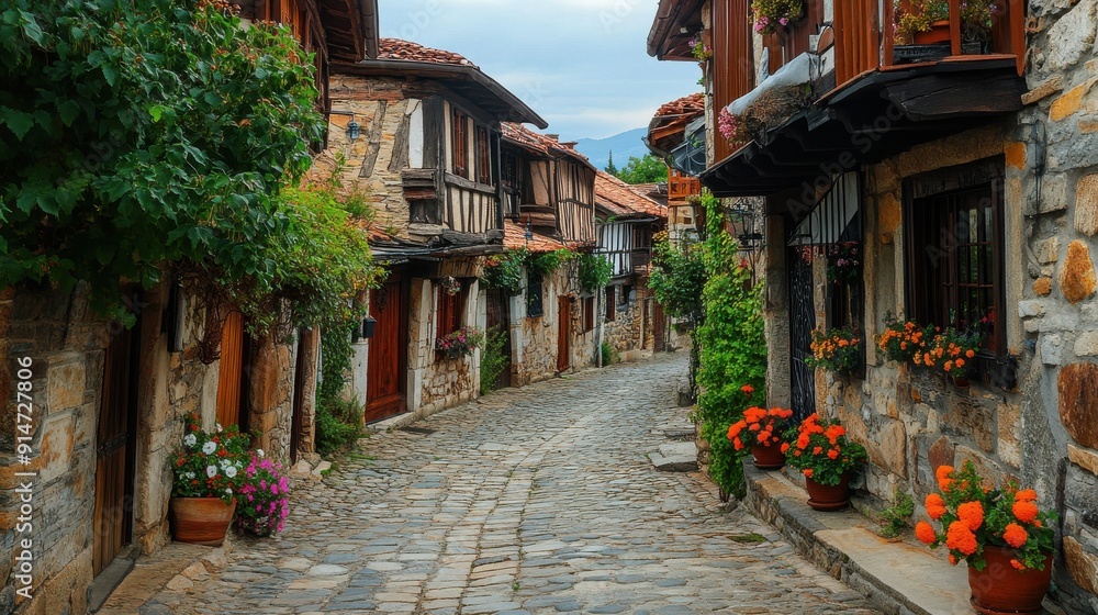 Fototapeta premium A picturesque village with cobblestone streets and historic architecture
