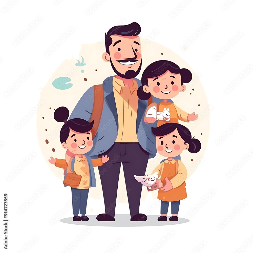 Happy Father And Three Children Standing Together Illustration Happy Father And Three Children Standing Together Illustration