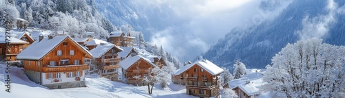 A quaint, snowcovered village nestled in the Swiss Alps photo