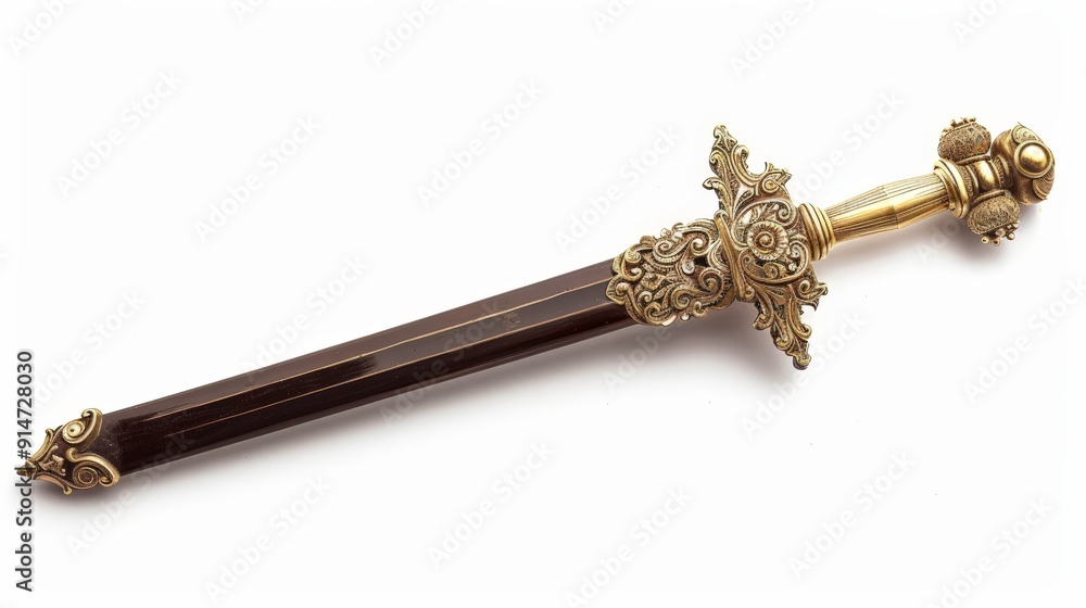 An ornate ceremonial sword with gold accents and an elaborate pommel, isolated on a white background to emphasize its decorative and historical significance. An ornate ceremonial sword with gold accents and an elaborate pommel, isolated on a white background to emphasize its decorative and historical significance.