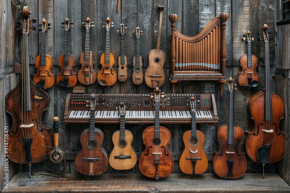 Naklejka premium Assortment of diverse musical instruments on rustic wooden background, top view flat lay composition