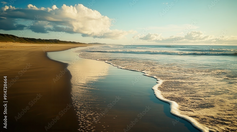 A picturesque beach with smooth sand and gentle waves A picturesque beach with smooth sand and gentle waves