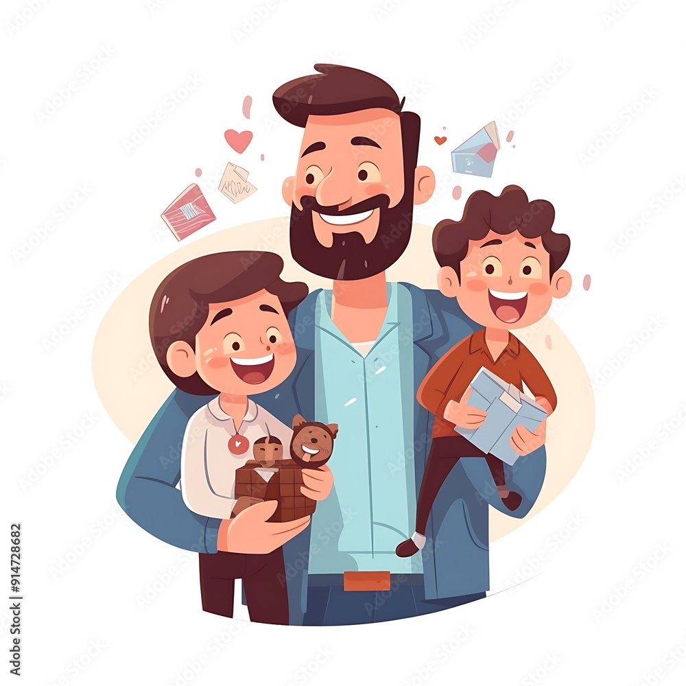 Happy Father Holding Two Sons With Gifts and Hearts in the Air Happy Father Holding Two Sons With Gifts and Hearts in the Air