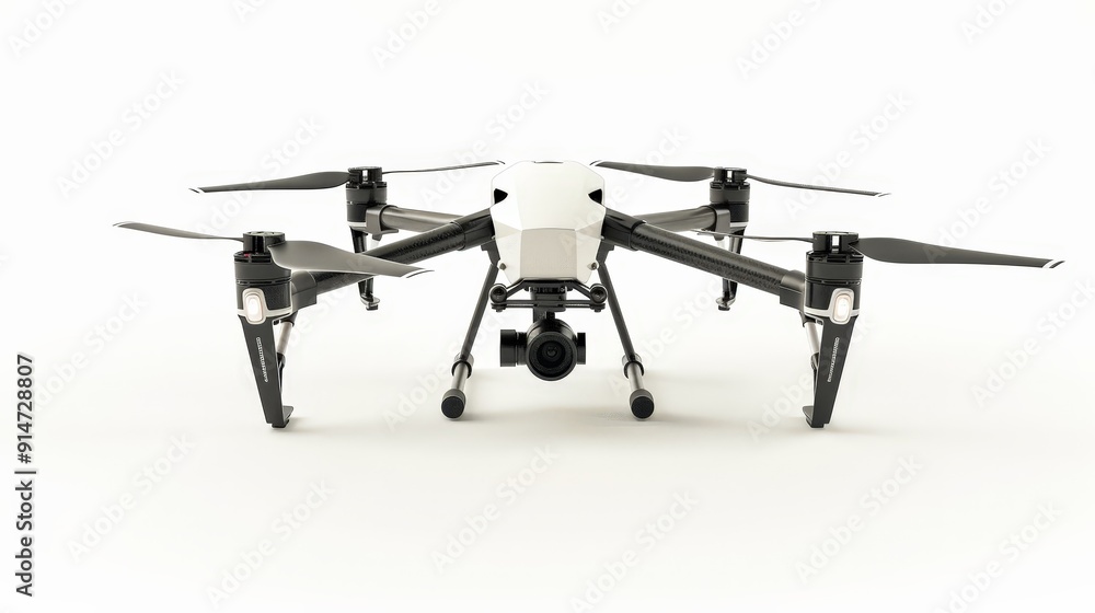 A high-resolution image of a modern drone, showcasing its sleek design, rotors, and camera, isolated on a pure white background to highlight its advanced features. A high-resolution image of a modern drone, showcasing its sleek design, rotors, and camera, isolated on a pure white background to highlight its advanced features.