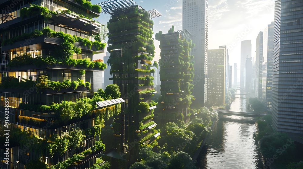 Obraz premium Green Cityscape: A Futuristic Vision of Urban Greenery