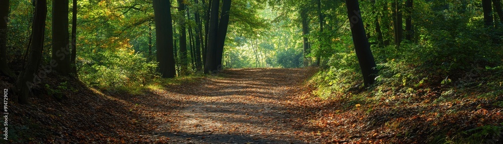 A tranquil forest path with fallen leaves and dappled sunlight A tranquil forest path with fallen leaves and dappled sunlight