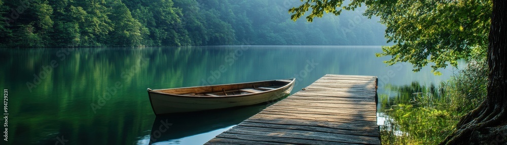A serene lakeside view with a wooden dock and a rowboat A serene lakeside view with a wooden dock and a rowboat