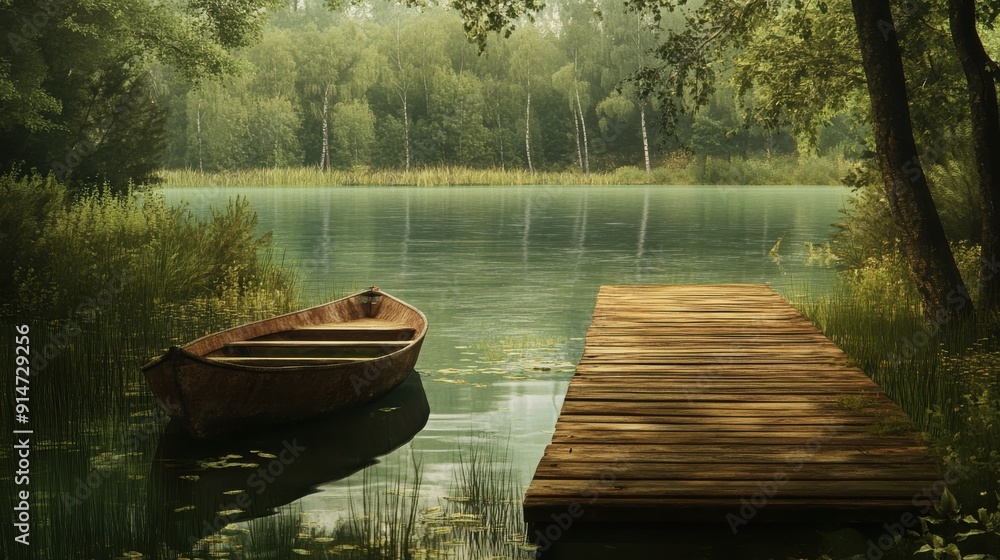 A serene lakeside view with a wooden dock and a rowboat A serene lakeside view with a wooden dock and a rowboat