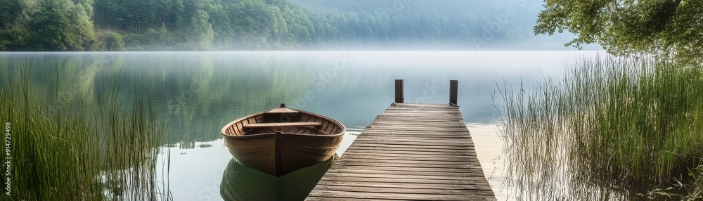 Naklejka premium A serene lakeside scene with a wooden dock and a rowboat