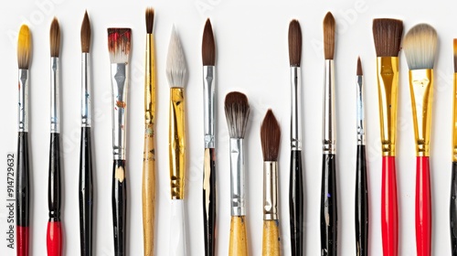 An assortment of artist paintbrushes including flat, round, and angled types, isolated on a white background, highlighting their versatility in painting.