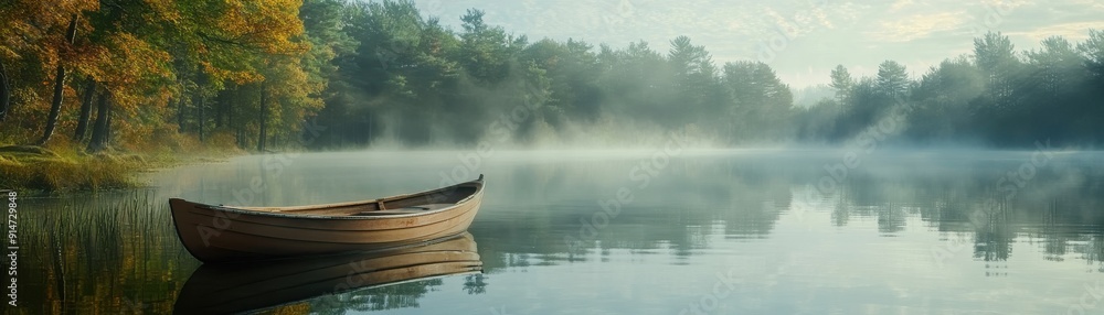 A serene lakeside scene with a rowboat and a misty morning A serene lakeside scene with a rowboat and a misty morning