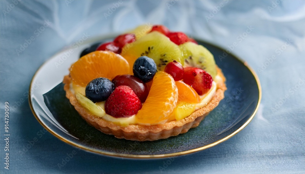 A golden, flaky fruit tartlet filled with creamy pastry cream and topped with glossy red currants, blueberries, mandarins, kiwi, and raspberry. The vibrant fruits and shiny glaze make it an elegant, i A golden, flaky fruit tartlet filled with creamy pastry cream and topped with glossy red currants, blueberries, mandarins, kiwi, and raspberry. The vibrant fruits and shiny glaze make it an elegant, i