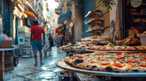 A sfincione, a traditional Sicilian pizza with a thick crust, tomato sauce, onions, and breadcrumbs, is being eagerly devoured.