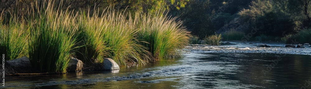 A tranquil river scene with tall grasses and a gentle current A tranquil river scene with tall grasses and a gentle current