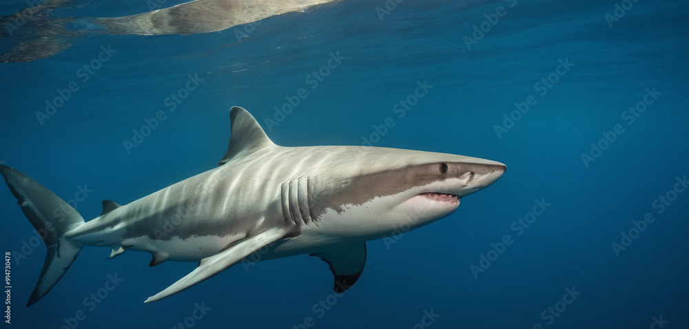 Fototapeta premium Majestic Blue Shark in Deep Water - Stunning Cinematic Shot with Sony FX3 27-70mm ,Quality Enhanced With AI
