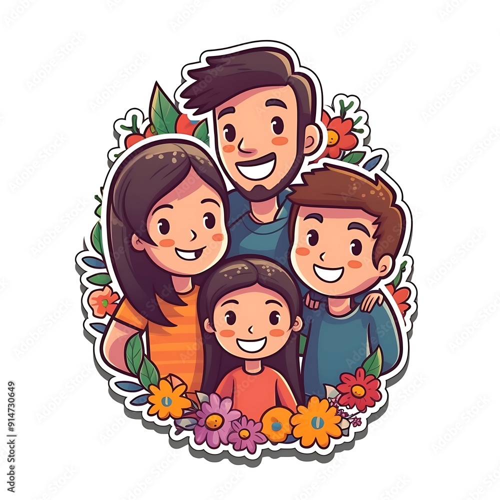 Happy Family of Four Posing Together Surrounded by Flowers Happy Family of Four Posing Together Surrounded by Flowers