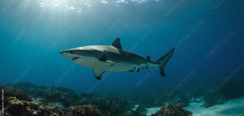 Fototapeta premium Majestic Blue Shark in Deep Water - Stunning Cinematic Shot with Sony FX3 27-70mm ,Quality Enhanced With AI