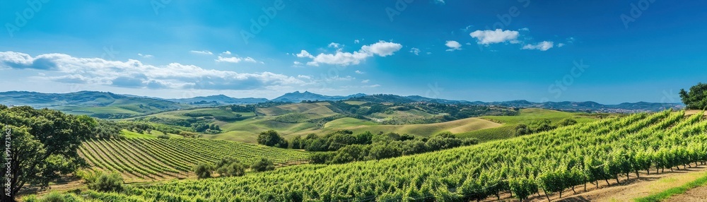 A picturesque vineyard with rolling hills and a bright blue sky A picturesque vineyard with rolling hills and a bright blue sky