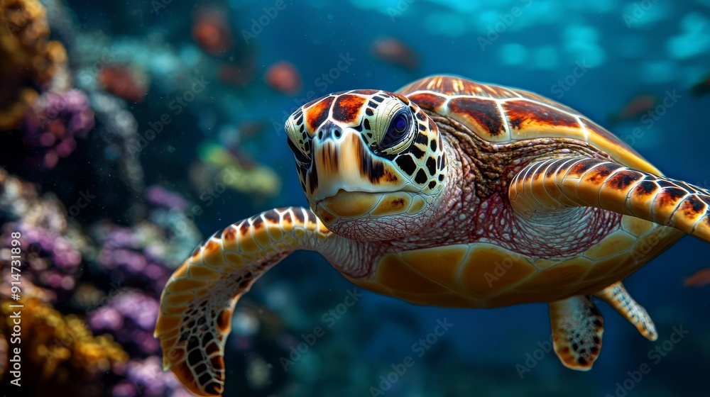 Fototapeta premium Close-up of a sea turtle swimming in vibrant coral reef waters 