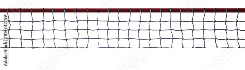 A volleyball net is shown in black and red photo