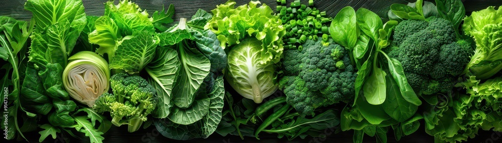 Green vegetables like lettuce and broccoli arranged beautifully, showcasing their freshness and appeal, Realism, Bright colors, Photography Green vegetables like lettuce and broccoli arranged beautifully, showcasing their freshness and appeal, Realism, Bright colors, Photography