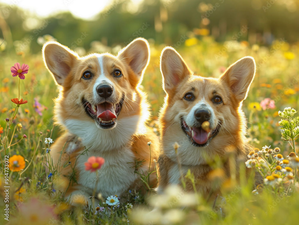 Two dogs are laying in a field of flowers, enjoying the sunshine and ...