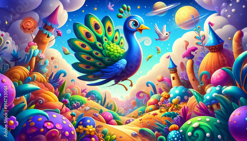 An adventurous cartoon peacock in a whimsical world with a vibrant and colorful environment