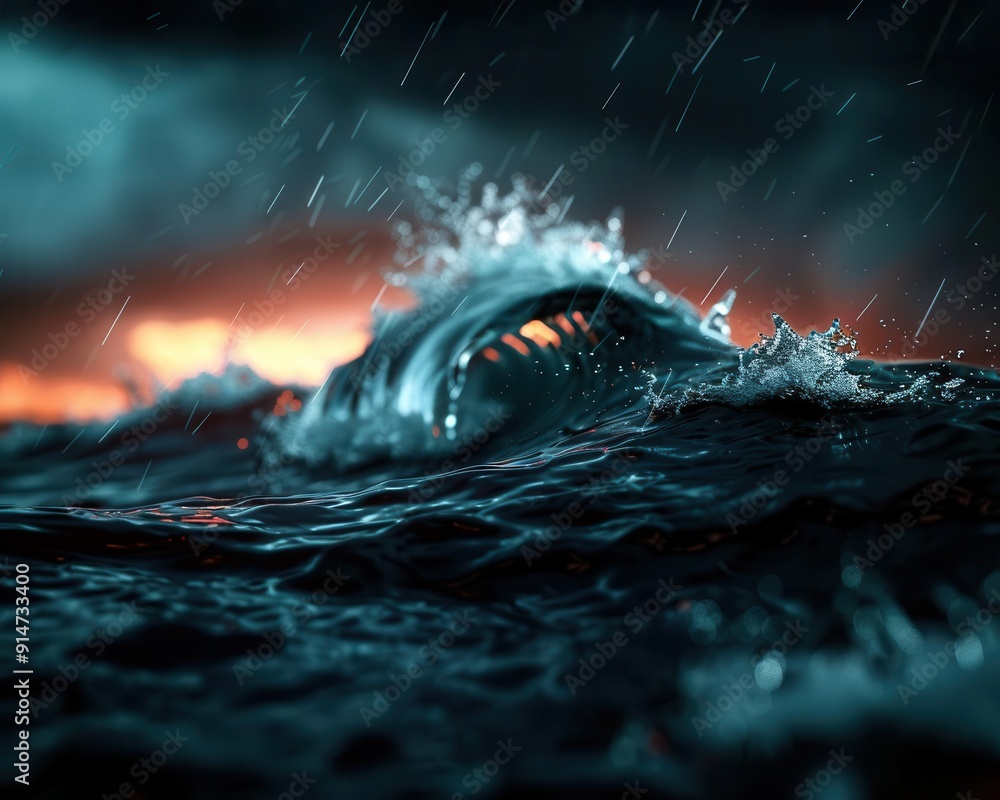 Naklejka premium Harsh weather with heavy rain and strong winds, illustrating the intensity of nature, Realism, Cool tones, Digital painting