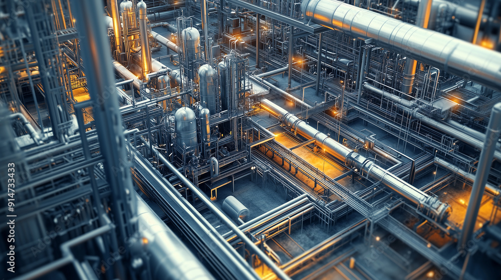 A futuristic industrial scene with many pipes and a lot of light. The scene is very detailed and has a futuristic feel to it A futuristic industrial scene with many pipes and a lot of light. The scene is very detailed and has a futuristic feel to it