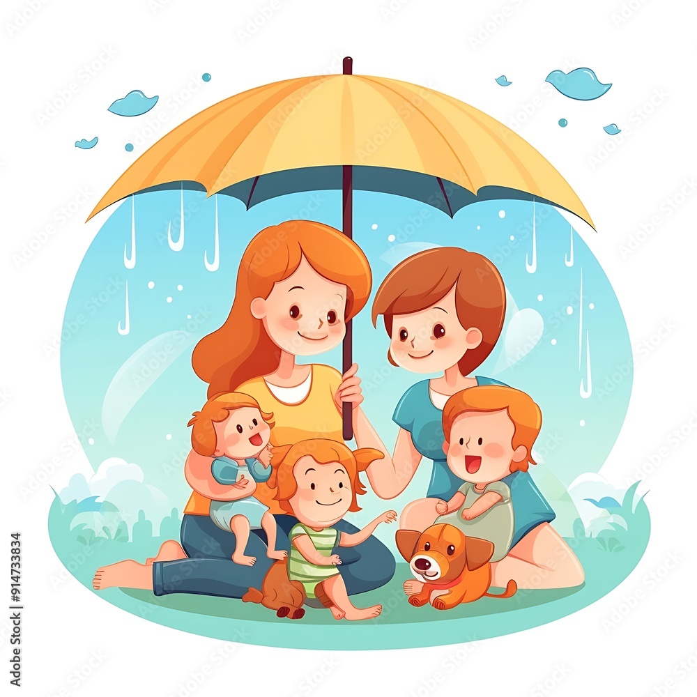 Family Sheltering Under Umbrella During Rain Family Sheltering Under Umbrella During Rain