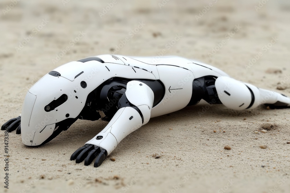 Obraz premium Crumpled humanoid robot lying on the ground in a desolate environment symbolizing the failure and abandonment of advanced technology in a dystopian future