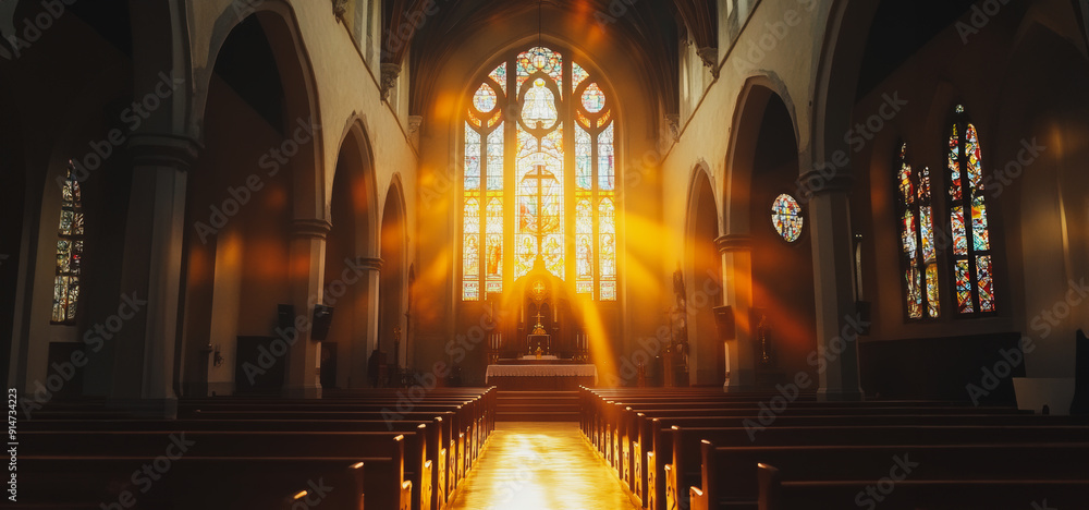 Fototapeta premium Sunlight Streams Through Stained Glass Windows in A Historic Church Interior at Dusk