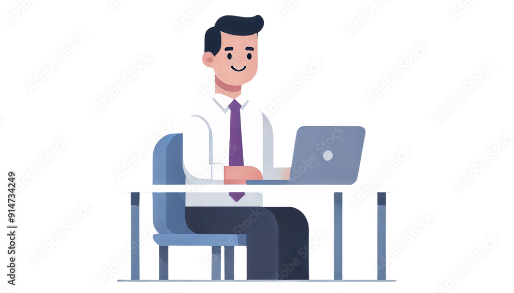 Minimalist cartoon of a man sitting at a desk with a laptop on a transparent background. The man is smiling, dressed in a white shirt and purple tie Minimalist cartoon of a man sitting at a desk with a laptop on a transparent background. The man is smiling, dressed in a white shirt and purple tie