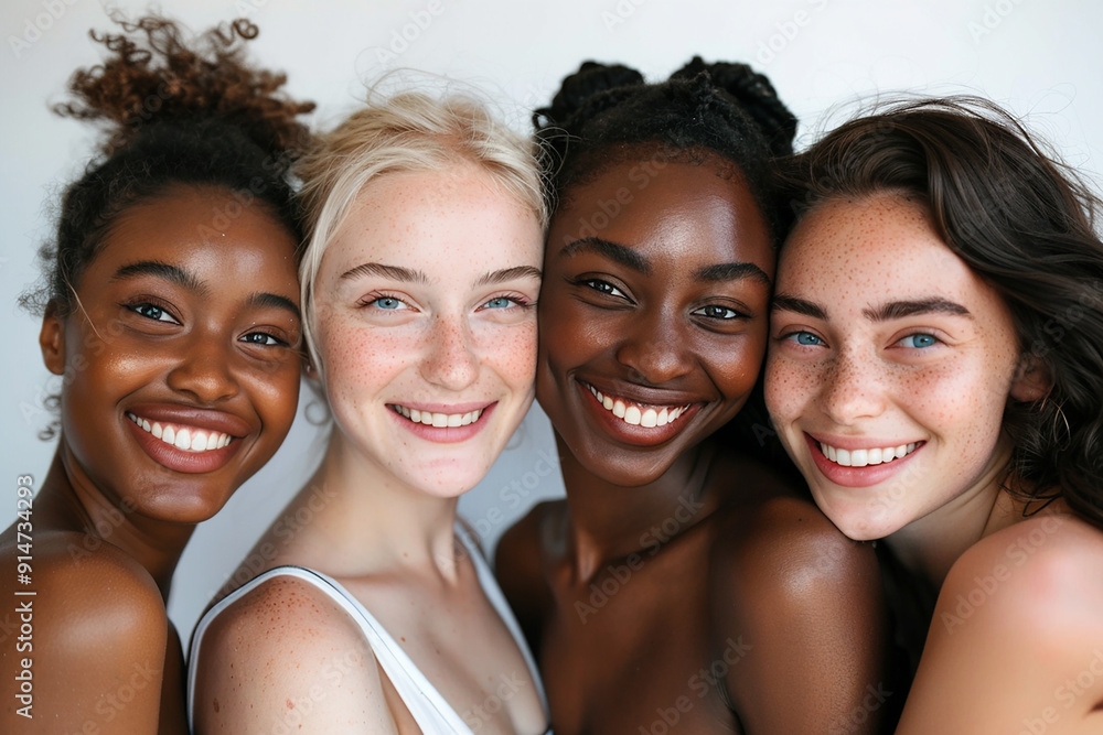 Fototapeta premium Four women of different ethnicities smile for the camera, showcasing their diverse beauty and natural radiance.