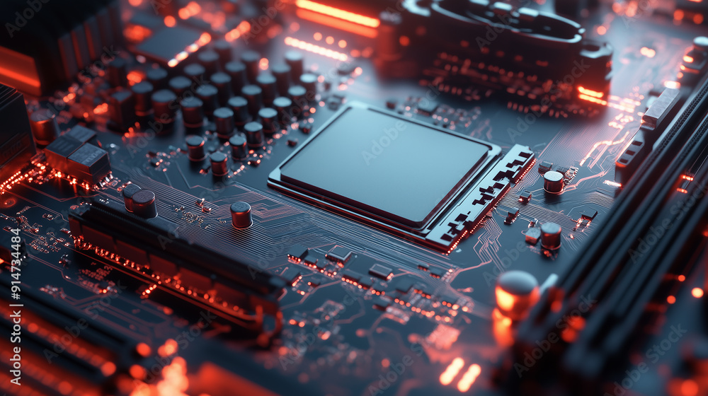 A close up of a computer chip with a lot of lights on it. The chip is a microprocessor and is surrounded by other electronic components. Concept of complexity and sophistication A close up of a computer chip with a lot of lights on it. The chip is a microprocessor and is surrounded by other electronic components. Concept of complexity and sophistication