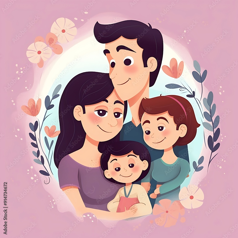 Happy Family Portrait With Flowers and Leaves Illustration Happy Family Portrait With Flowers and Leaves Illustration