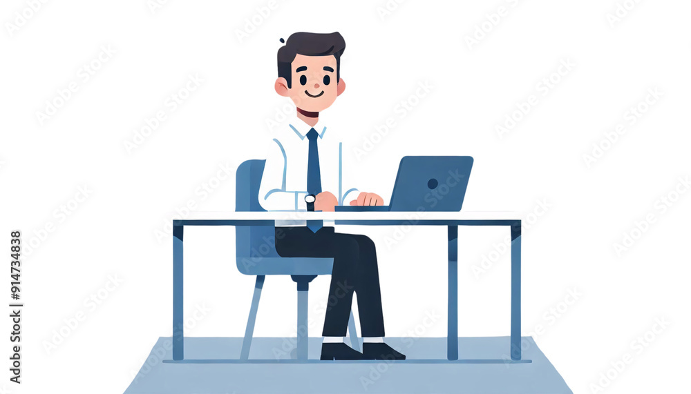 Minimalist cartoon of a man sitting at a desk with a laptop on a transparent background. The man is smiling, has short hair, and is dressed in a white shirt, blue tie Minimalist cartoon of a man sitting at a desk with a laptop on a transparent background. The man is smiling, has short hair, and is dressed in a white shirt, blue tie