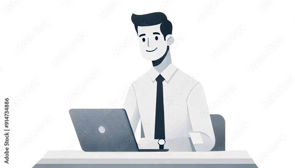 Minimalist cartoon of a man sitting at a desk with a laptop on a transparent background. The man is smiling, wearing a white shirt and a tie Minimalist cartoon of a man sitting at a desk with a laptop on a transparent background. The man is smiling, wearing a white shirt and a tie