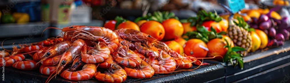 Island flavors with a spread of fresh seafood and tropical fruits at a market, Culinary, Bright colors, Photography