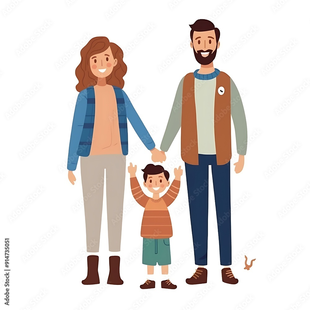 Happy Family of Three Standing Together in Casual Clothing Happy Family of Three Standing Together in Casual Clothing