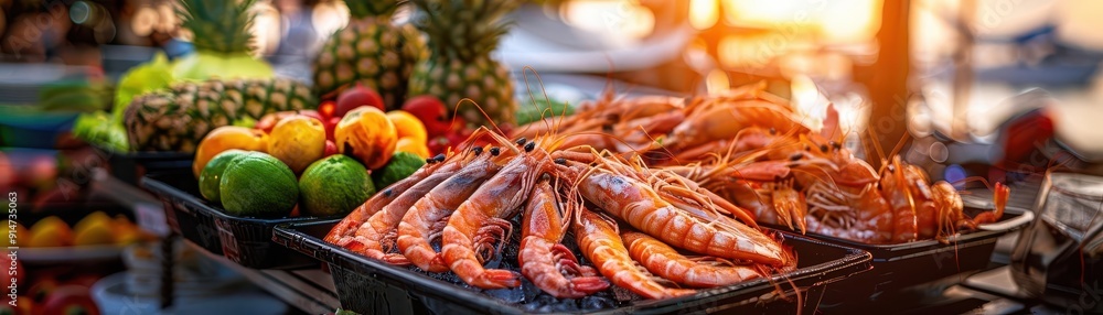 Island flavors with a spread of fresh seafood and tropical fruits at a market, Culinary, Bright colors, Photography Island flavors with a spread of fresh seafood and tropical fruits at a market, Culinary, Bright colors, Photography
